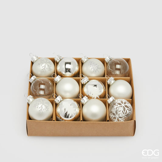 Confezione di 12 palline per albero di Natale in vetro di colore argento e trasparente decorate con glitter, diametro pallina 4 cm. In negozio e online su tuttochic.live