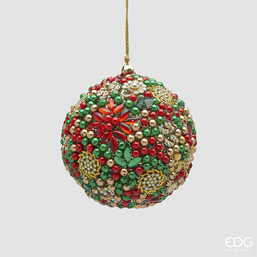 Palla di Natale gioiello della linea Mille Perle firmata EDG Enzo De Gasperi, diametro 10 cm, interamente ricoperta di strass, perle verdi, rosse e castoni dorati, completa di cordino da appendere.