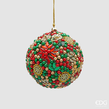 Palla di Natale gioiello della linea Mille Perle firmata EDG Enzo De Gasperi, diametro 10 cm, interamente ricoperta di strass, perle verdi, rosse e castoni dorati, completa di cordino da appendere.