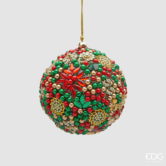 Palla di Natale gioiello della linea Mille Perle firmata EDG Enzo De Gasperi, diametro 10 cm, interamente ricoperta di strass, perle verdi, rosse e castoni dorati, completa di cordino da appendere.
