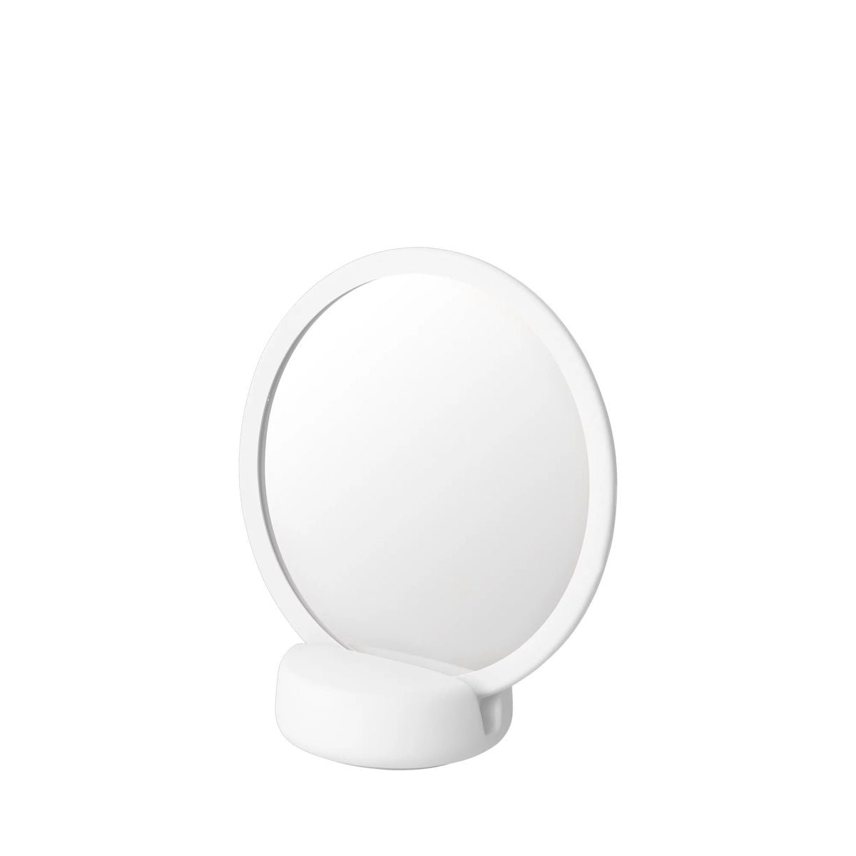 Specchio cosmetico da appoggio con ingrandimento 5x e base bianca collezione SONO di Blomus.