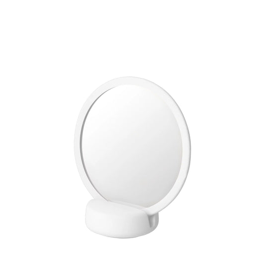Specchio cosmetico da appoggio con ingrandimento 5x e base bianca collezione SONO di Blomus.