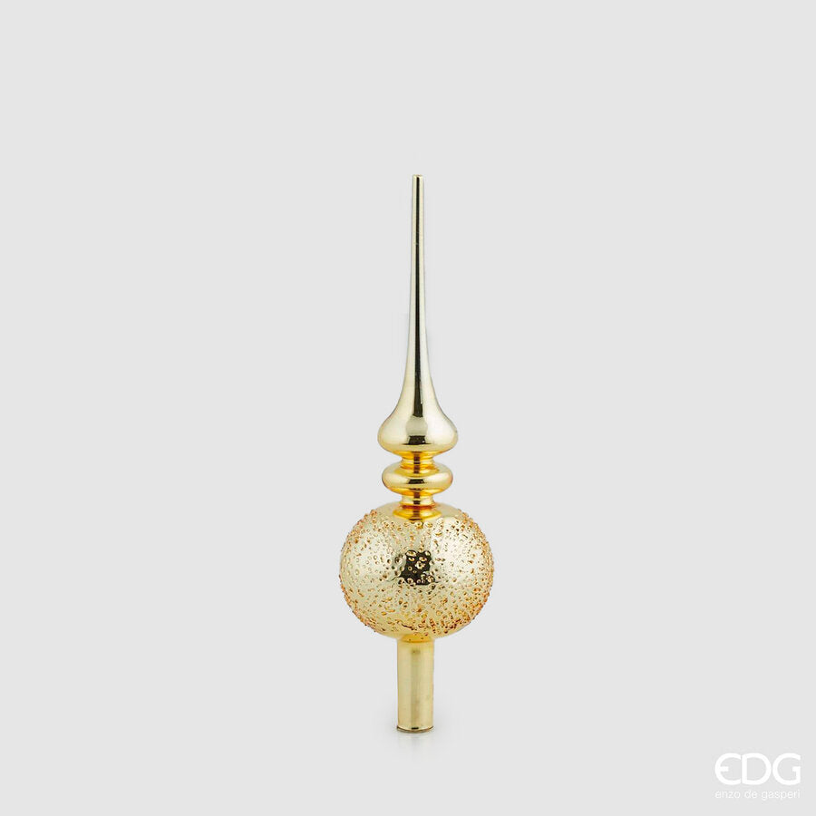 Puntale per albero di Natale in vetro soffiato color oro lucido, altezza 31 cm, caratterizzato da lancia liscia e sfera decorata con texture a rilievo, brand EDG.