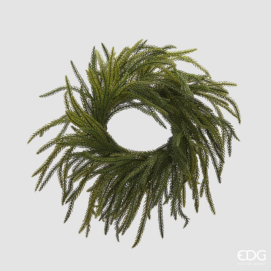 Corona natalizia circolare artificiale modello Cryptomeria diametro 35 cm di EDG Enzo De Gasperi con fitti rametti disposti a raggiera in plastica verde.