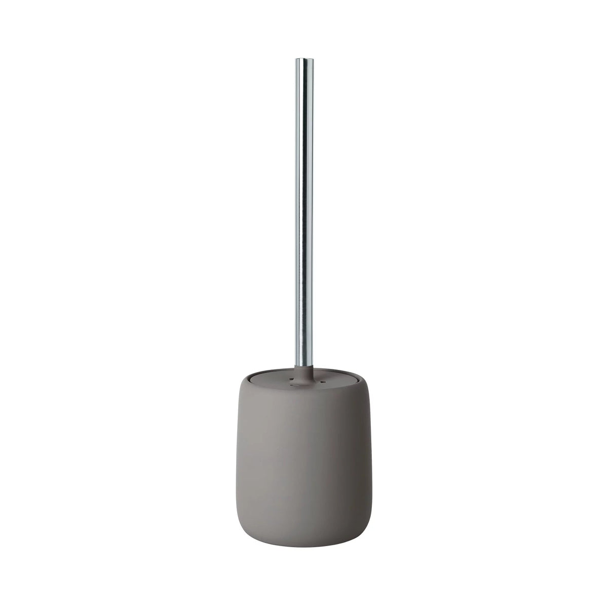 Portascopino e scopino per WC in ceramica opaca grigio marrone satellite con manico in acciaio inox lucido collezione SONO di Blomus.