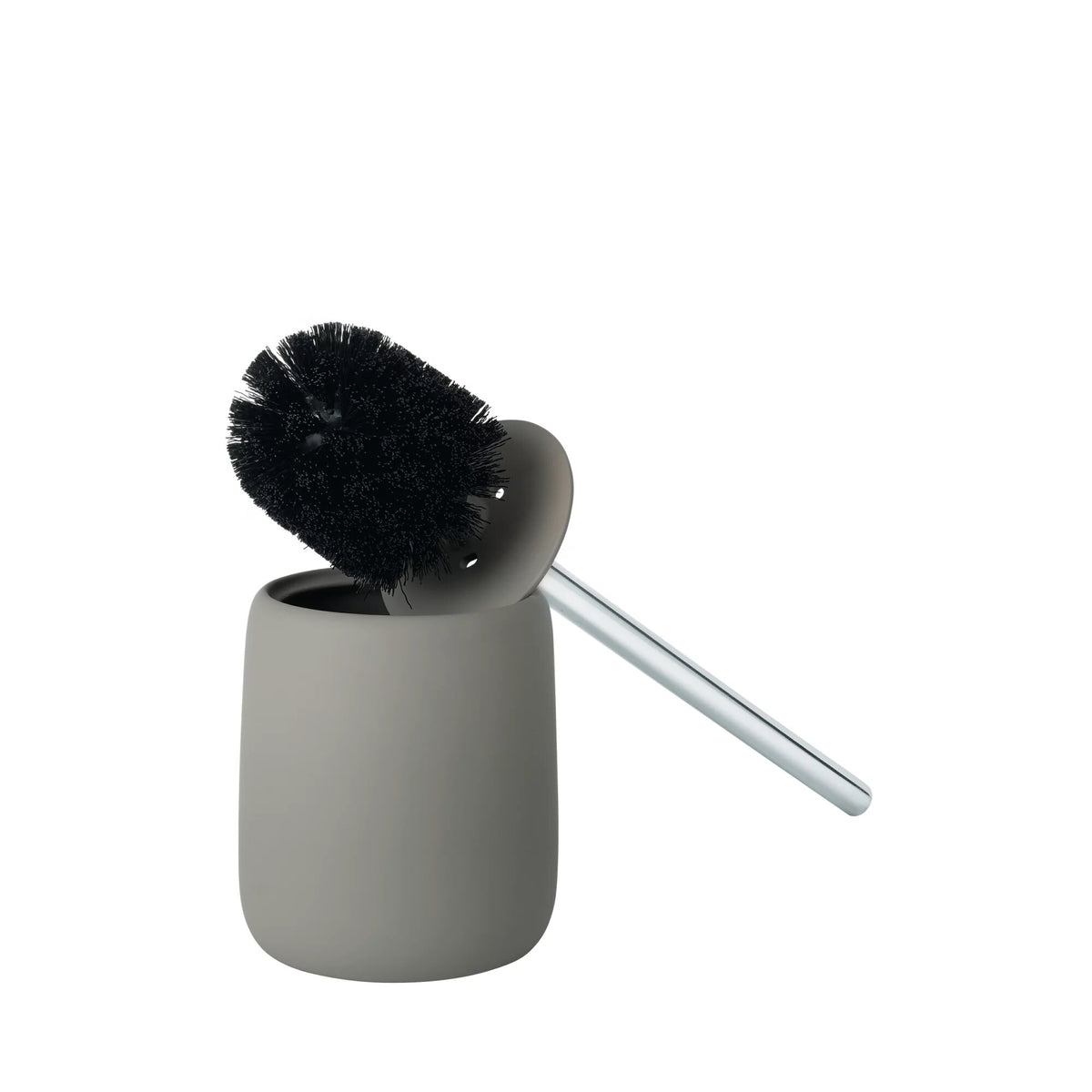 Portascopino e scopino per WC in ceramica opaca grigio marrone satellite con manico in acciaio inox lucido collezione SONO di Blomus.
