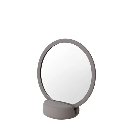 Specchio cosmetico da appoggio con ingrandimento 5x e base mix di grigio marrone satellite collezione SONO di Blomus.