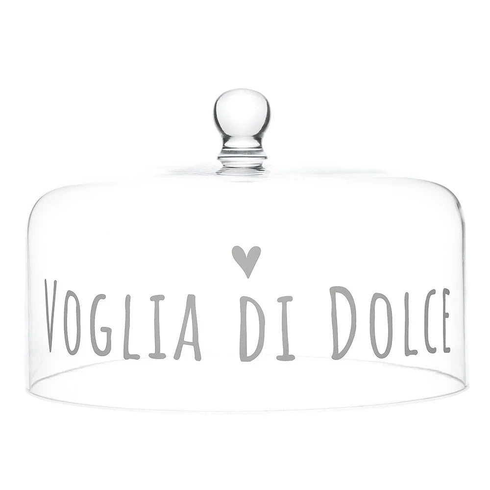 Alzata e campana in vetro con decoro "Voglia di dolce" per dolci e torte da 30 cm di diametro! Perfetta per presentare torte, biscotti, muffin, cupcake, ma anche frutta e antipasti salati. Realizzata in vetro soffiato. Dimensioni: alzata cm Ø 30 x 8,5 h, campana cm Ø 28,5 x 14,5 h. In negozio e online su tuttochic.live
