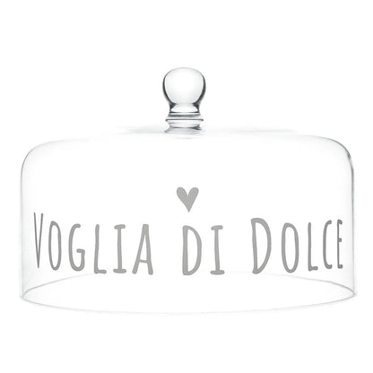 Alzata e campana in vetro con decoro "Voglia di dolce" per dolci e torte da 30 cm di diametro! Perfetta per presentare torte, biscotti, muffin, cupcake, ma anche frutta e antipasti salati. Realizzata in vetro soffiato. Dimensioni: alzata cm Ø 30 x 8,5 h, campana cm Ø 28,5 x 14,5 h. In negozio e online su tuttochic.live