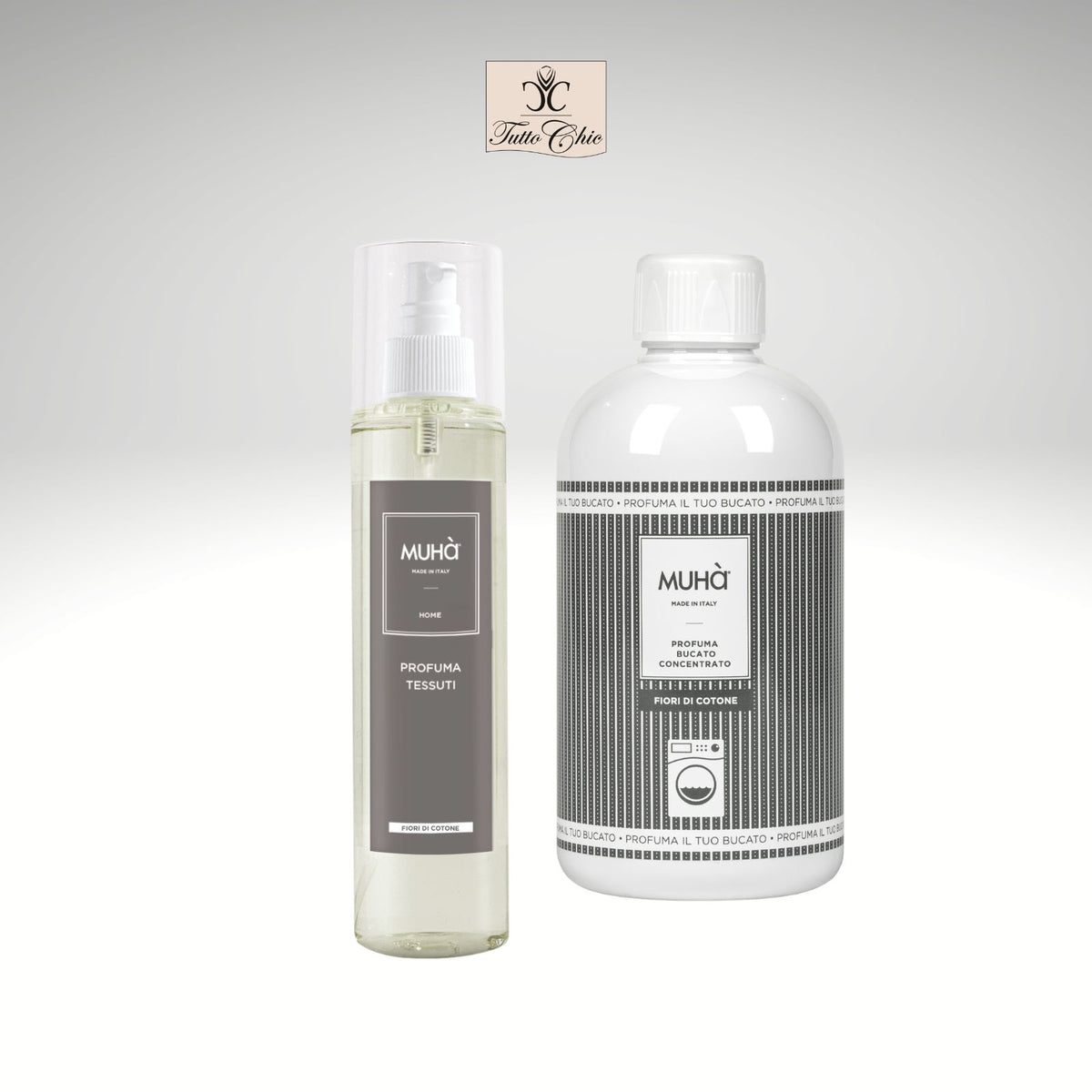 Kit regalo Muhà Fiori di Cotone con profuma bucato e spray per tessuti, fragranza dolce e delicata, scatola regalo coordinata Made in Italy, Tutto Chic.