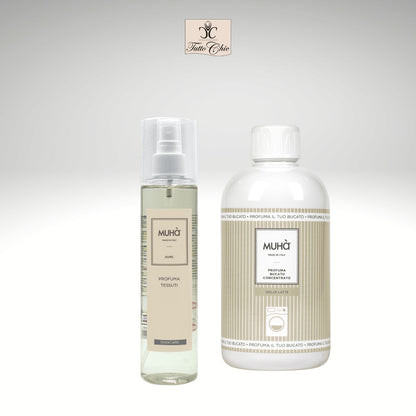Kit regalo Muhà Dolce Latte con profuma bucato concentrato e spray per tessuti, fragranza dolce alla vaniglia e fava tonka, confezione regalo Muhà, Tutto Chic.