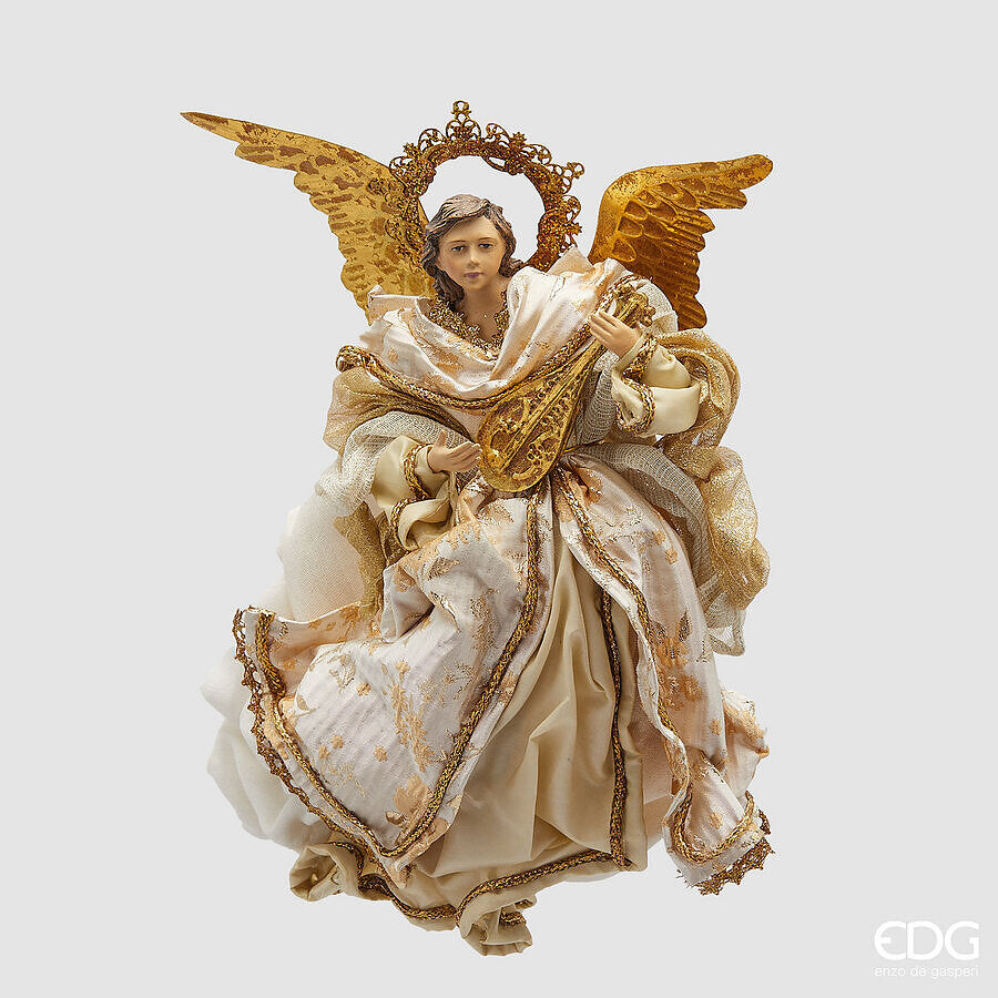 Angelo natalizio musicante con liuto dorato firmato EDG Enzo De Gasperi, altezza 35 cm. Abito d'alta sartoria bianco e oro, grandi ali in metallo traforato, utilizzabile come puntale o decorazione da appendere.