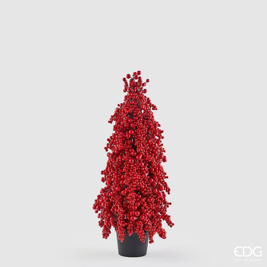 Albero natalizio a cono composto interamente da bacche rosse lucide laccate, firmato EDG Enzo De Gasperi, altezza 74 cm. Presentato in un vaso minimale nero opaco.