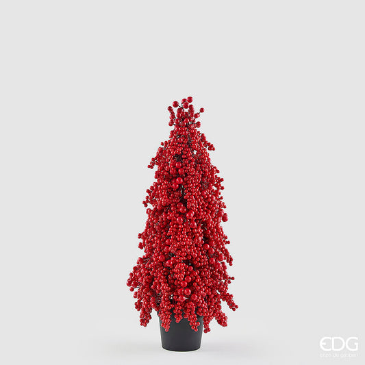Albero natalizio a cono composto interamente da bacche rosse lucide laccate, firmato EDG Enzo De Gasperi, altezza 74 cm. Presentato in un vaso minimale nero opaco.