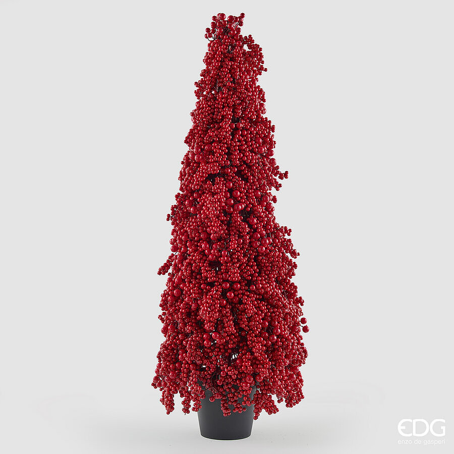 Grande albero decorativo natalizio a cono composto da fitte bacche rosse laccate lucide, firmato EDG Enzo De Gasperi, altezza 122 cm, inserito in un vaso nero.