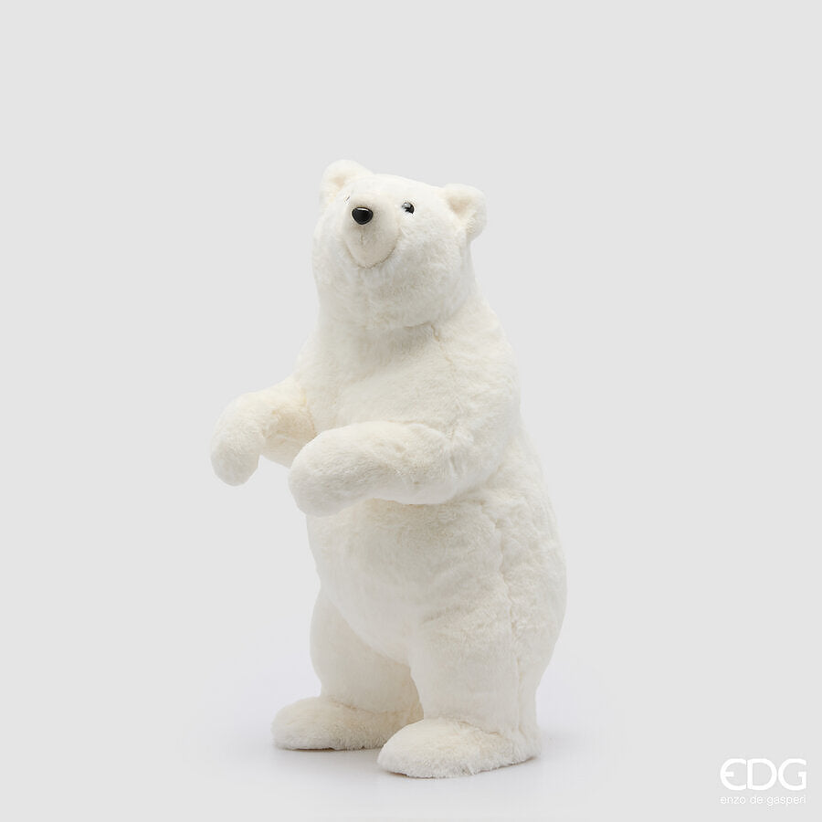 Orso polare bianco decorativo di EDG Enzo De Gasperi, altezza 60 cm, in piedi su due zampe con morbido pelo ecologico bianco su sfondo neutro.