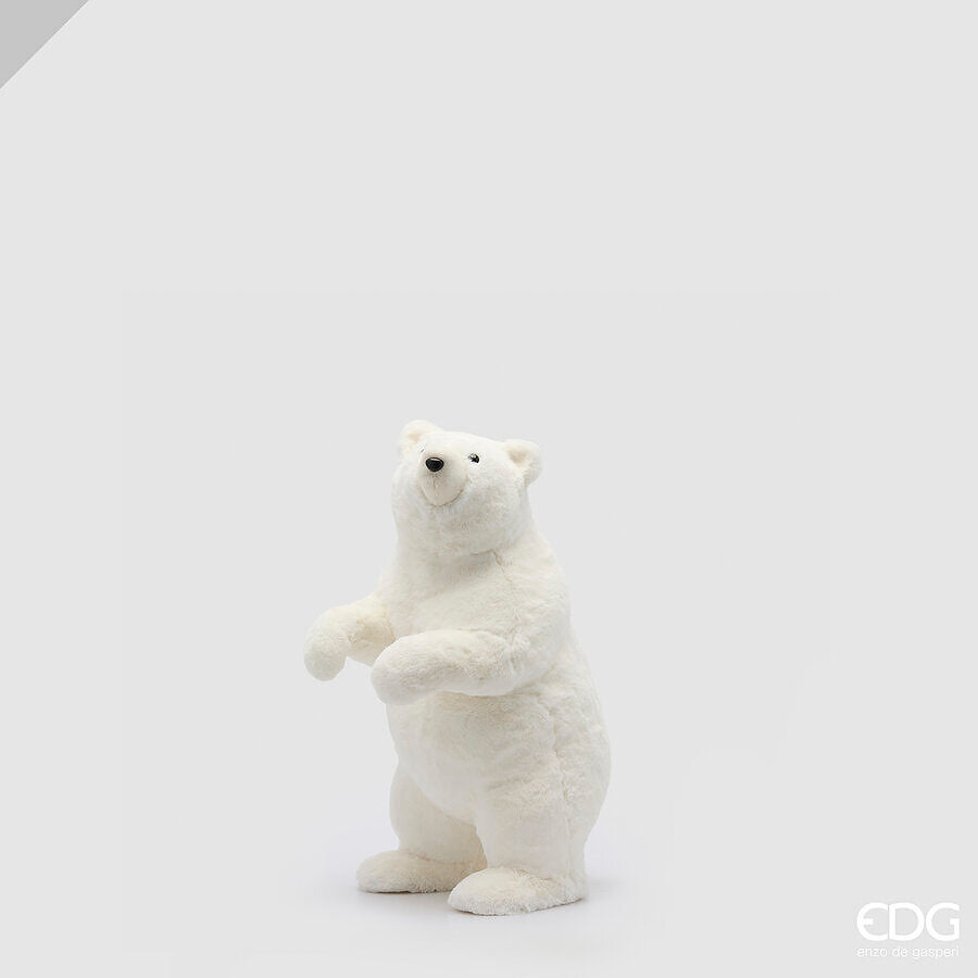 Orso polare decorativo di EDG Enzo De Gasperi, altezza 41 cm, in piedi su due zampe con morbido manto ecologico bianco su sfondo grigio chiaro.