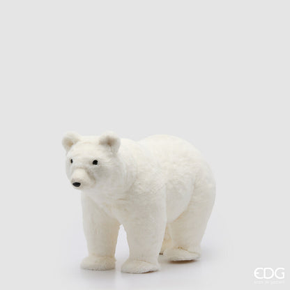 Orso polare decorativo di EDG Enzo De Gasperi, altezza 37 cm e lunghezza 58 cm, raffigurato in piedi a quattro zampe con una morbida pelliccia bianca ecologica su sfondo chiaro.