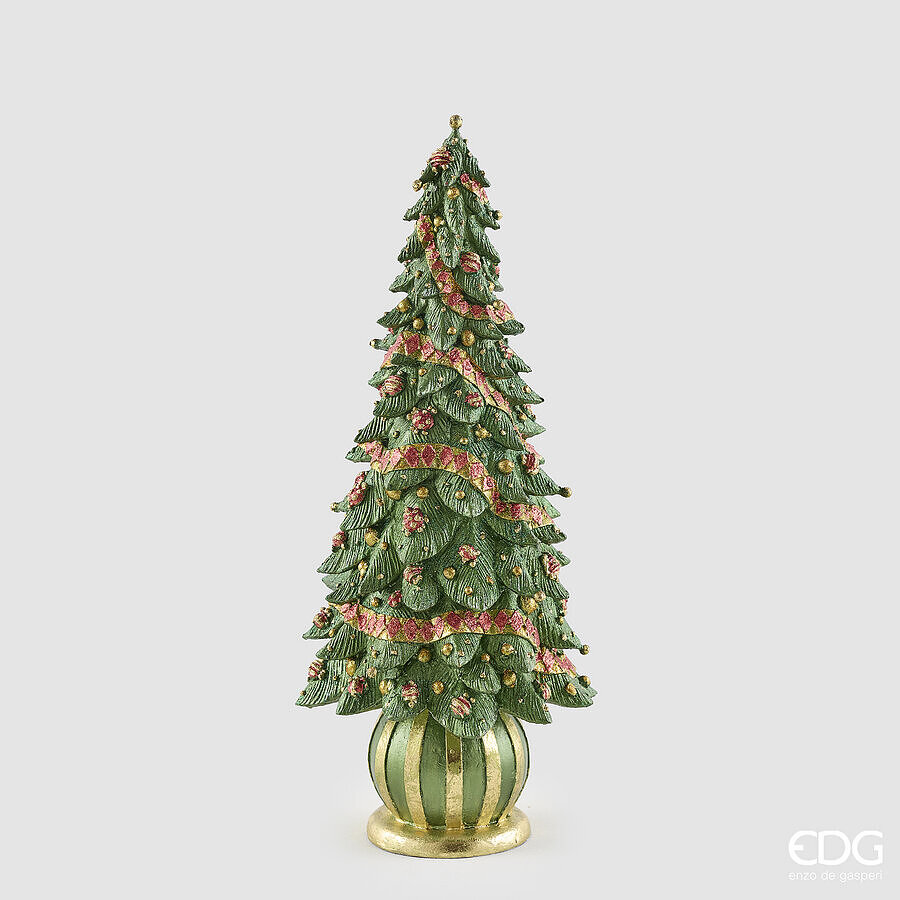 Albero di Natale decorativo da tavolo in poliresina verde con festoni e dettagli decoglitter rossi e oro, altezza 43 cm, con base sferica a righe, firmato EDG.