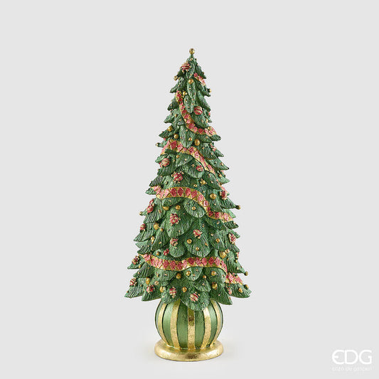 Albero di Natale decorativo da tavolo in poliresina verde con festoni e dettagli decoglitter rossi e oro, altezza 43 cm, con base sferica a righe, firmato EDG.