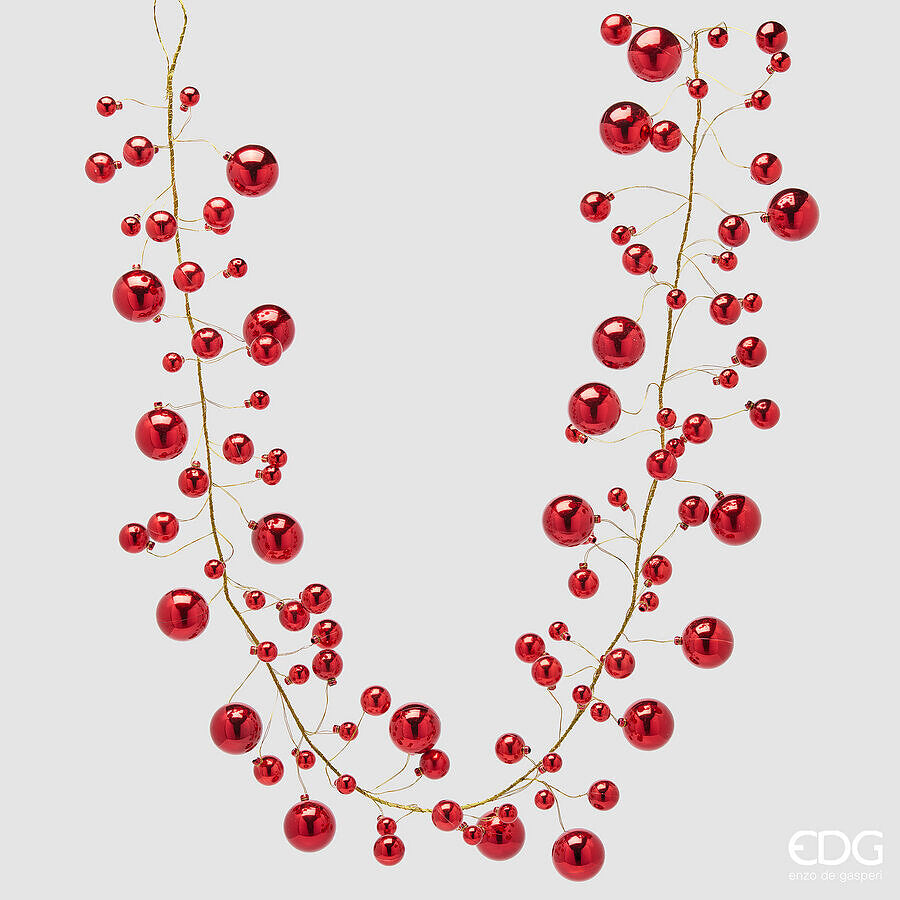Festone natalizio Pallemix di EDG Enzo De Gasperi lungo 180 cm, composto da rami metallici flessibili dorati con 100 sfere rosse lucide di varie dimensioni su sfondo grigio.