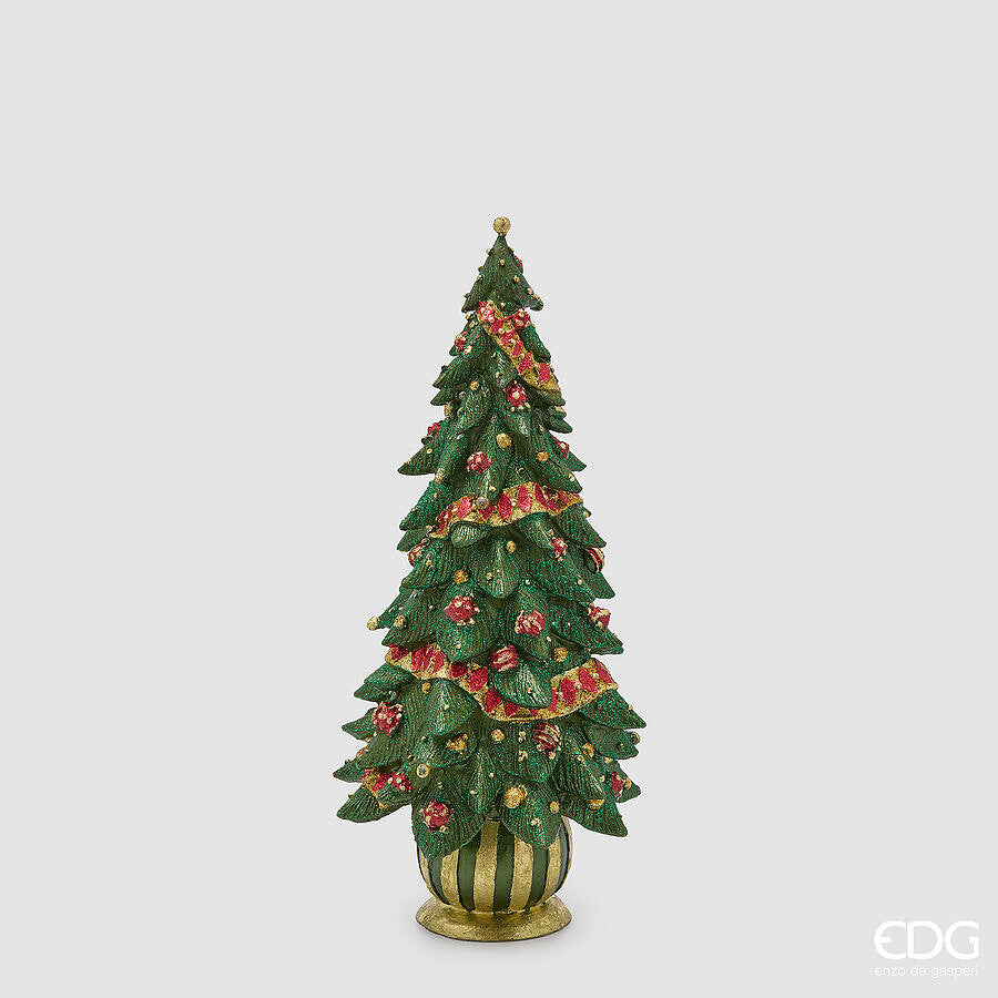 Piccolo albero di Natale decorativo da tavolo in poliresina verde con nastri decoglitter rossi e oro, altezza 33 cm, sorretto da una base sferica a righe, brand EDG.