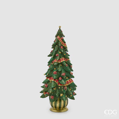 Piccolo albero di Natale decorativo da tavolo in poliresina verde con nastri decoglitter rossi e oro, altezza 33 cm, sorretto da una base sferica a righe, brand EDG.