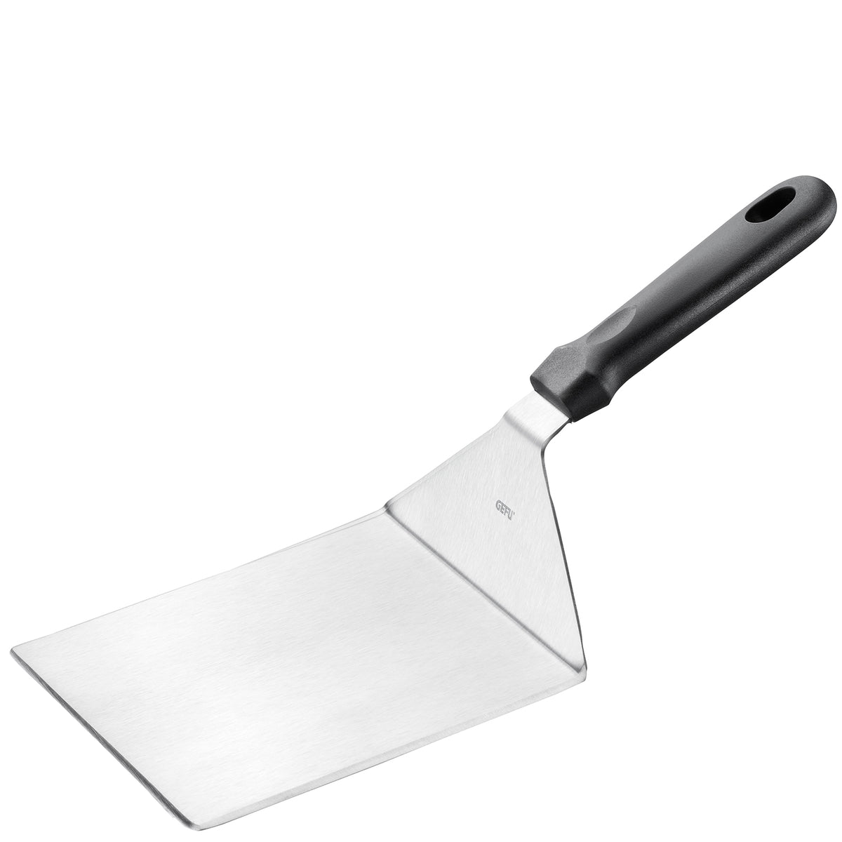 Paletta per barbecue professionale extra-large in acciaio inossidabile con impugnatura ergonomica nera.