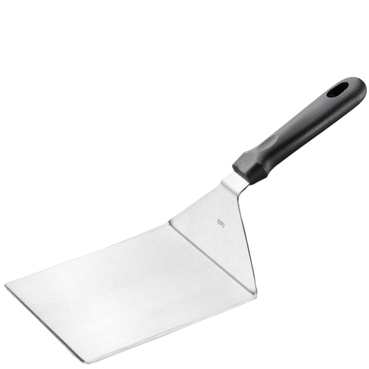 Paletta per barbecue professionale extra-large in acciaio inossidabile con impugnatura ergonomica nera.
