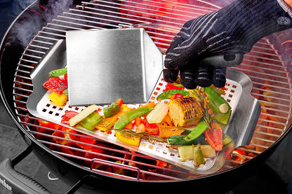 Paletta per barbecue professionale extra-large in acciaio inossidabile con impugnatura ergonomica nera.