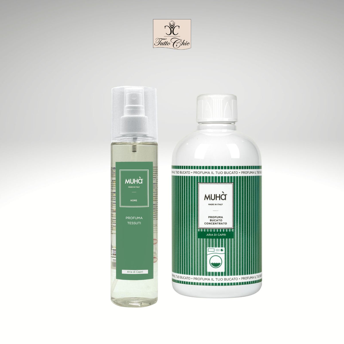 Kit regalo Muhà Aria di Capri con profuma bucato e spray per tessuti, fragranza agrumata e ambrata, confezione regalo elegante Muhà, Tutto Chic.