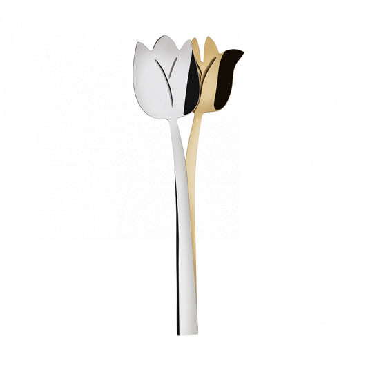 Tulipano è un set di posate insalata dal design non comune, che si ispira alla fresca bellezza dei tulipani in fiore. Le posate sono in acciaio inox 18/10 con finitura PVD in oro 24 carati. Dimensioni: cm 31 x 8,5 Lavabili in lavastoviglie. In negozio e online su tuttochic.live