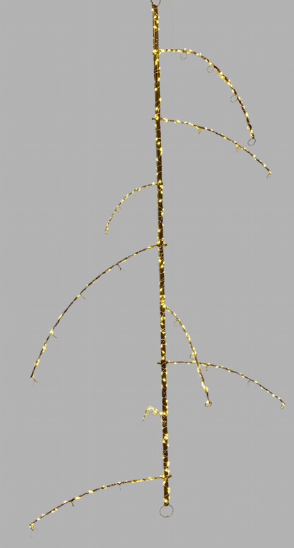 Struttura in metallo da appendere, color oro effetto bronzo, con 8 archetti distribuiti sull'asse corredati da anelli che servono per appendere decorazioni natalizie, pasquali, primaverili.. La struttura e circondata da un filo metallico con 500 microled. Dimensioni: Ø 77 x h 144 cm. In negozio e online su tuttochic.live
