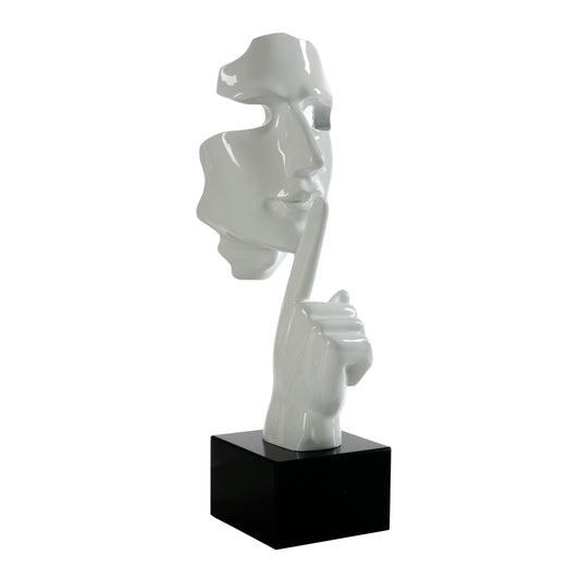 Scultura moderna che rappresenta un volto bianco lucido con il dito sulle labbra, altezza 48 cm su base in marmo nero, brand Ambienti Glamour, Tutto Chic.
