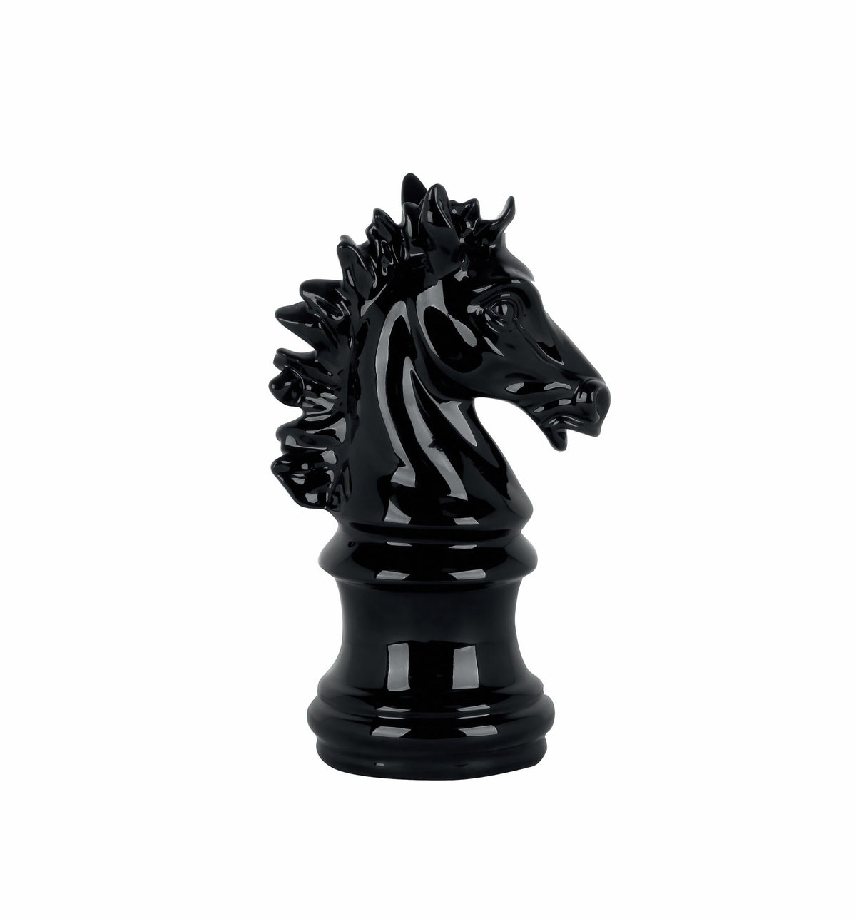 Scultura moderna a forma di cavallo degli scacchi, finitura nero lucido specchiato, altezza 35 cm, brand Ambienti Glamour, oggettistica di lusso per interni, Tutto Chic.