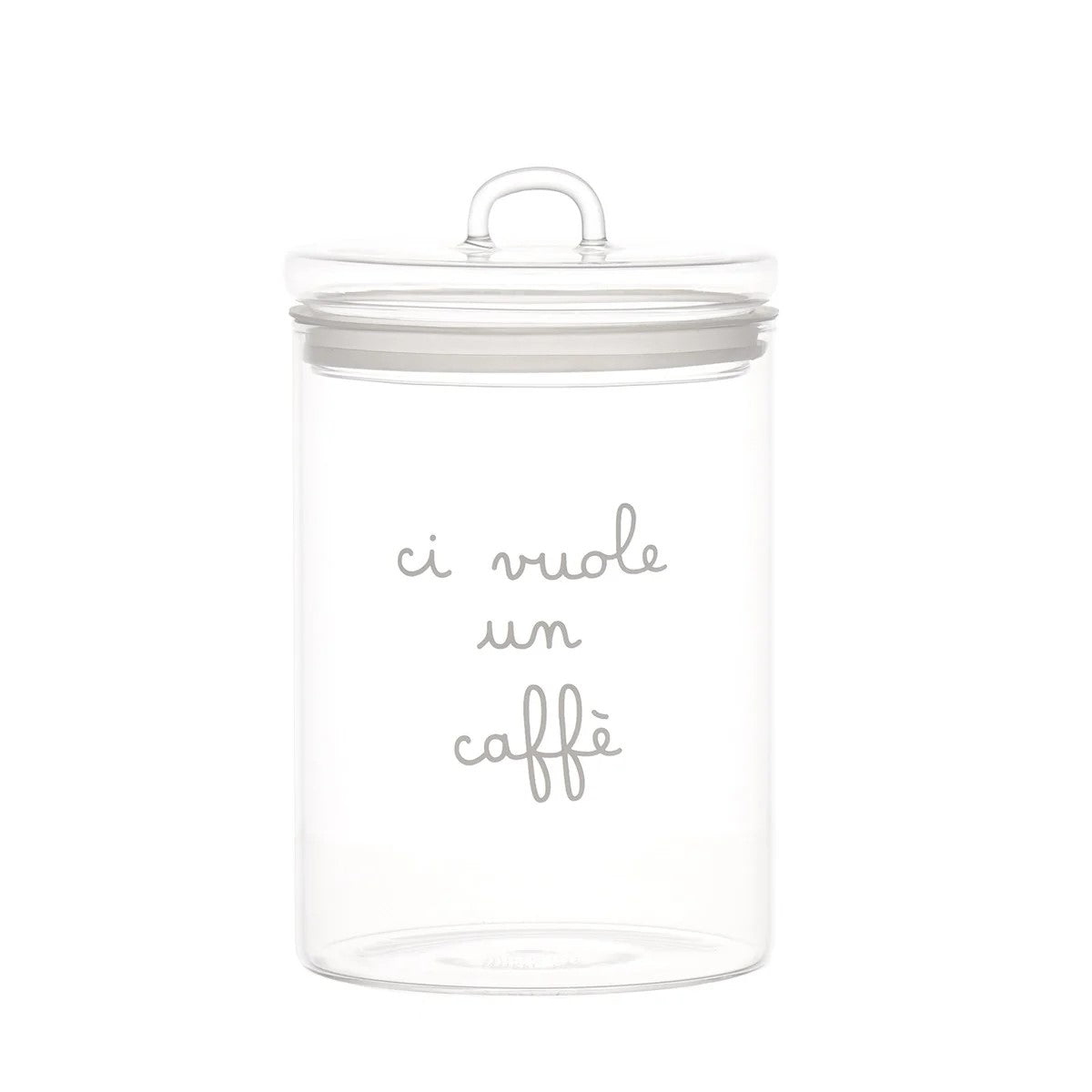 Il barattolo di vetro borosilicato trasparente con la scritta "ci vuole un caffè" Dimensioni: ø 12 x h 20 cm. In negozio e online su tuttochic.live