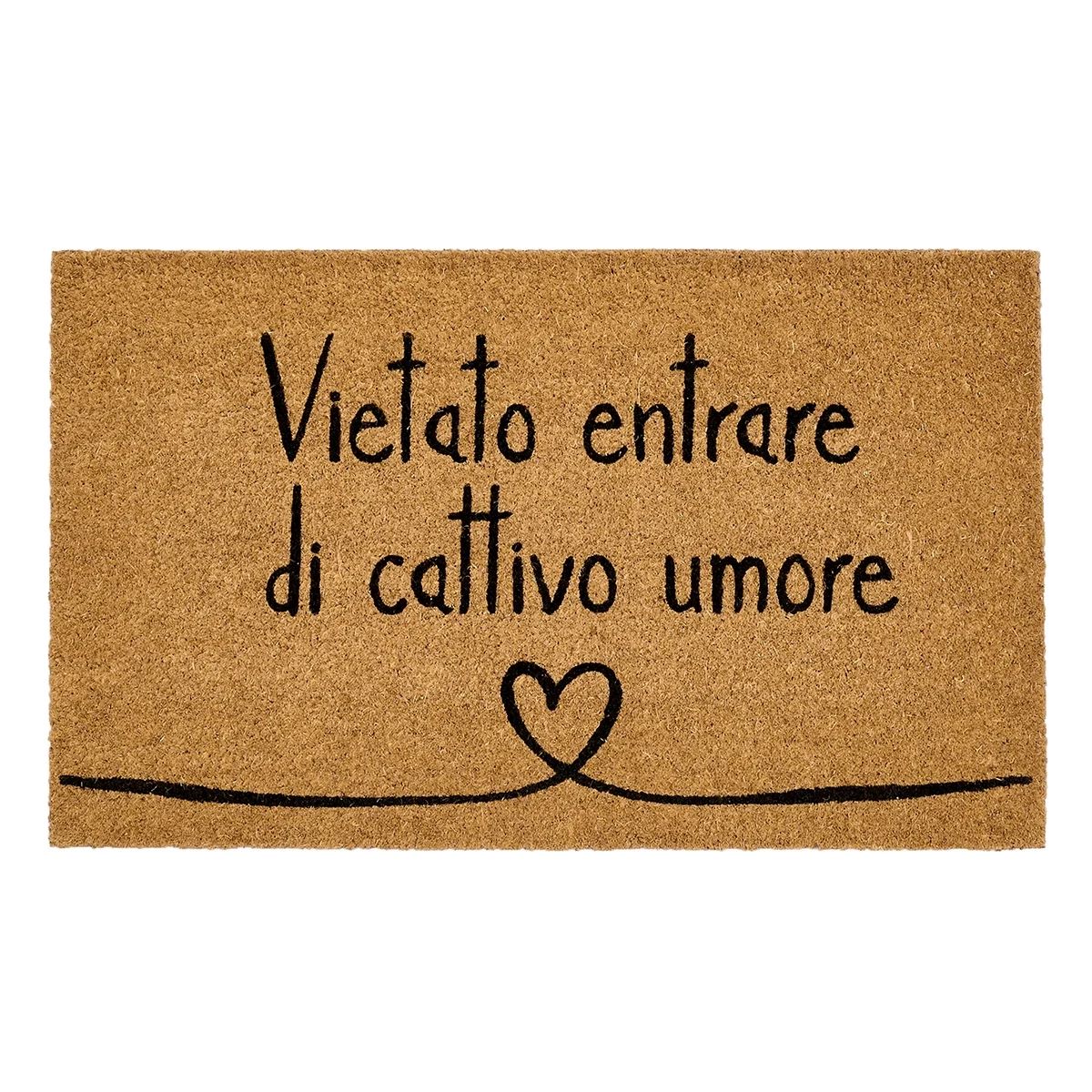 Accogli i tuoi ospiti con un sorriso e un'atmosfera positiva grazie a questo zerbino in fibra di cocco con la divertente scritta "Vietato entrare di cattivo umore". Lasciamo entrare solo allegria nella tua casa! Dimensioni: 45 x 75 cm Disegnato in Italia. In negozio e online su tuttochic.live