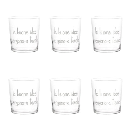 Riempi la tua tavola con stile grazie a questi 6 bicchieri in vetro temperato, ognuno con una scritta serigrafata che inciterà alla creatività durante i pasti. "Le buone idee vengono a tavola" diventerà il motto della tua casa! Set 6 bicchieri 35,5cl Disegnato e prodotto in Italia. In negozio e online su tuttochic.live