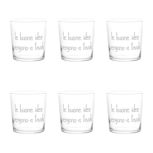 Riempi la tua tavola con stile grazie a questi 6 bicchieri in vetro temperato, ognuno con una scritta serigrafata che inciterà alla creatività durante i pasti. "Le buone idee vengono a tavola" diventerà il motto della tua casa! Set 6 bicchieri 35,5cl Disegnato e prodotto in Italia. In negozio e online su tuttochic.live