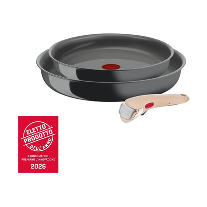 Batteria Lagostina Ingenio Vivissima set 3 pezzi composto da due padelle grigio scuro impilate da 24 cm e 28 cm con indicatore Thermo-Signal rosso al centro e manico removibile amovibile color beige, Tutto Chic.