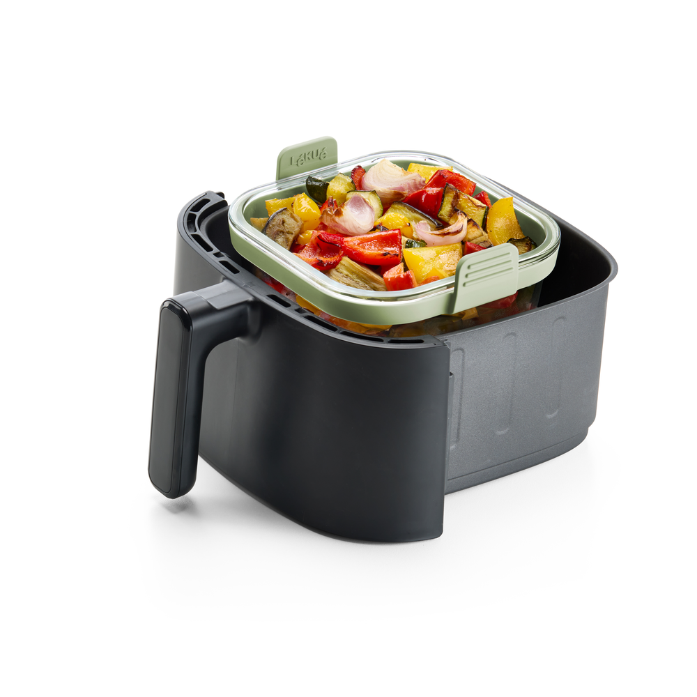 Cestello in vetro Lekuè quadrato con manici in silicone per friggitrice ad aria