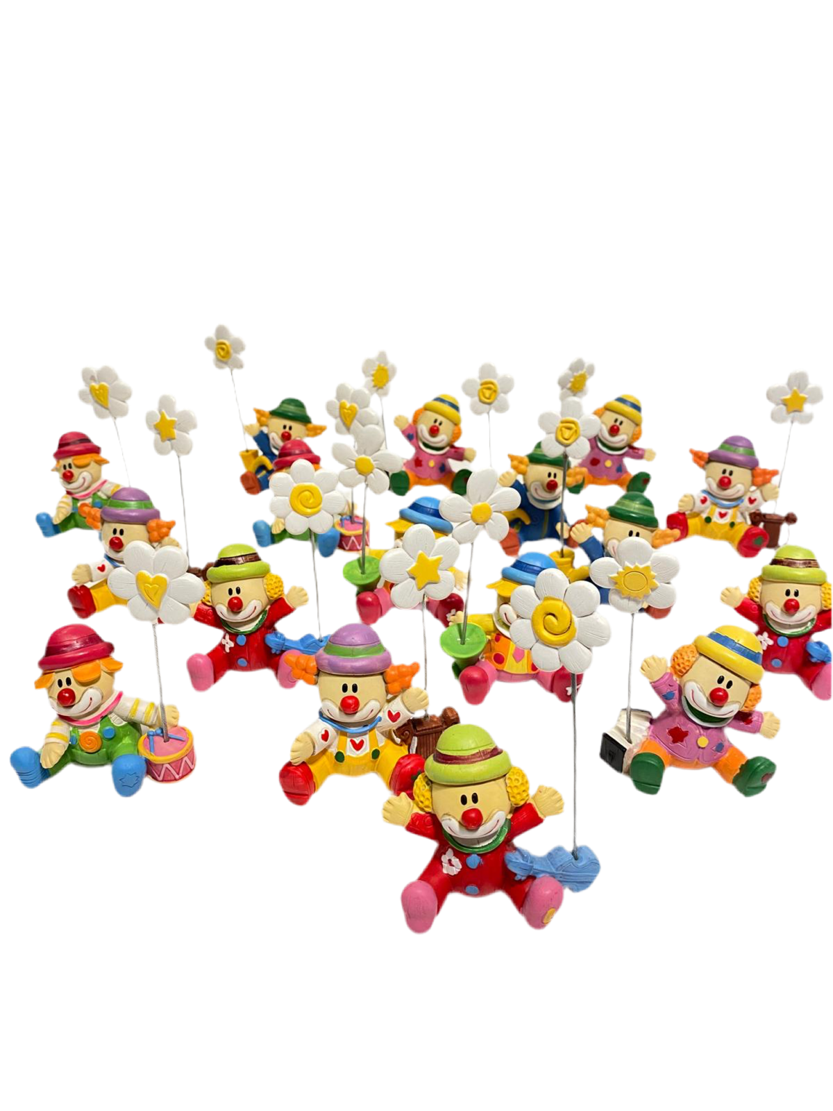 Set di 17 bomboniere assortite di Clown clip porta foto in resina decorata. Dimensioni: cm 8,5 x 4 x h 13 Confettata e astuccio non inclusi. tuttochic.live