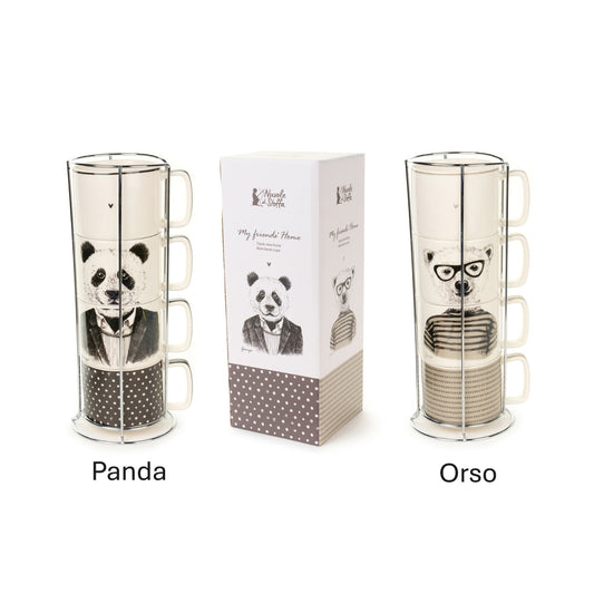Set 4 tazze "My Friend's Home" decorati con adorabili animali panda o orso. La porcellana di alta qualità è abbinata ad un elegante contenitore in metallo cromato,  Capacità singola tazza: 330 ml. In negozio e online su tuttochic.live