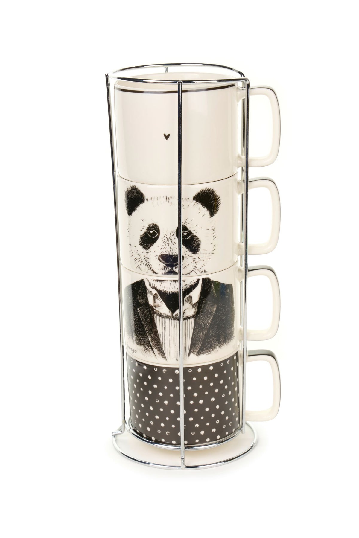 Set 4 tazze "My Friend's Home" decorati con adorabili animali panda o orso. La porcellana di alta qualità è abbinata ad un elegante contenitore in metallo cromato,  Capacità singola tazza: 330 ml. In negozio e online su tuttochic.live