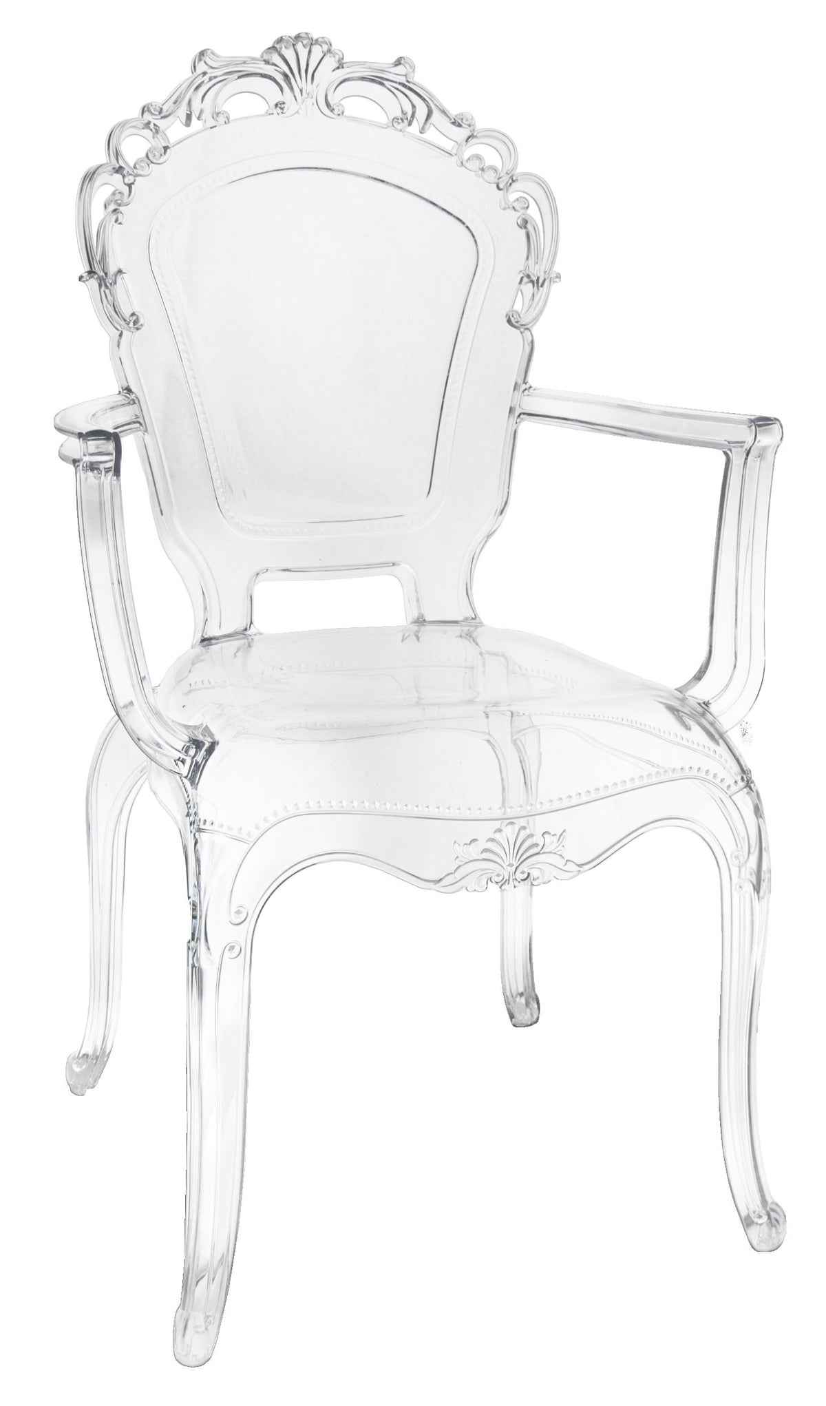 Poltrona in policarbonato trasparente della collezione che ha fatto la storia del design italiano: Baroque & Rock. Opulenta e fastosa, minuziosa in ogni suo dettaglio, originale nei profili ed enfatica nelle linee. Dimensioni: cm 53 x 55 x h 99.5. In negozio e online su tuttochic.live