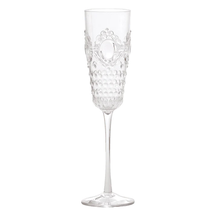 Set di 6 Flute in acrilico trasparente della collezione ricercata e ricca Baroque & Rock. Opulente e fastosa, minuziosa in ogni suo dettaglio, originale nei profili ed enfatica. Dimensioni singolo calice: Ø 6 cm / h 25 cm Lavabile in lavastoviglie, no microonde. In negozio e online su tuttochic.live