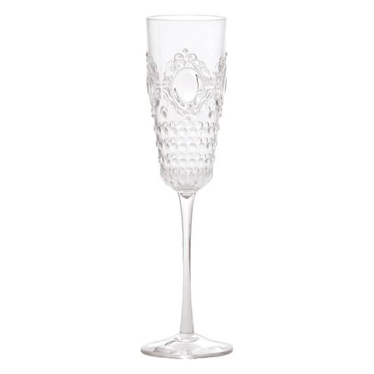 Set di 6 Flute in acrilico trasparente della collezione ricercata e ricca Baroque & Rock. Opulente e fastosa, minuziosa in ogni suo dettaglio, originale nei profili ed enfatica. Dimensioni singolo calice: Ø 6 cm / h 25 cm Lavabile in lavastoviglie, no microonde. In negozio e online su tuttochic.live
