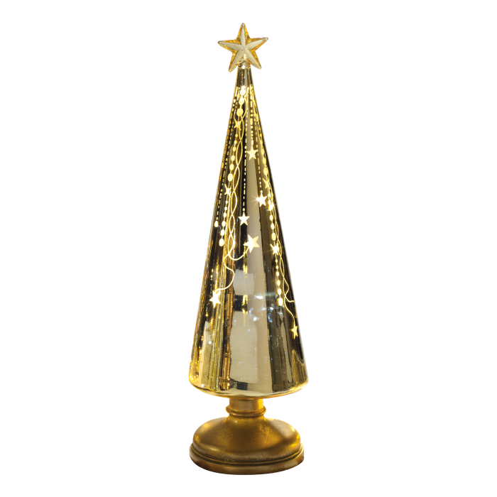 Realizzato in vetro color oro lucido e decorato con stelle, con led intermittenti. Dimensioni: cm 10x35 h Batterie incluse. In negozio e online su tuttochic.live