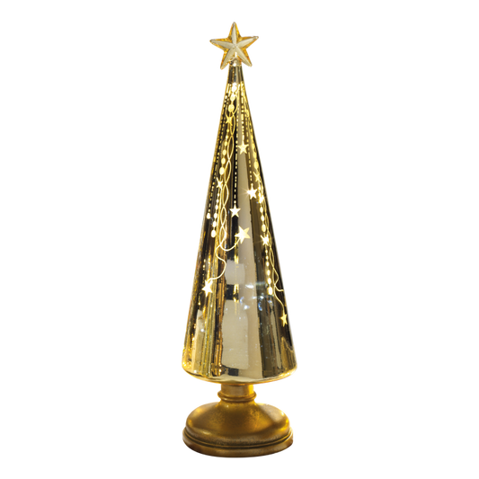 Realizzato in vetro color oro lucido e decorato con stelle, con led intermittenti. Dimensioni: cm 10x35 h Batterie incluse. In negozio e online su tuttochic.live
