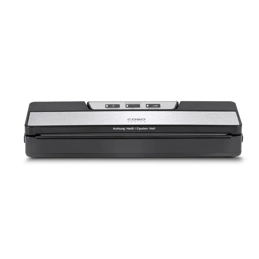 Barra per sottovuoto CASO Design VR 190 advanced in plastica nera con pannello frontale in acciaio inossidabile spazzolato.